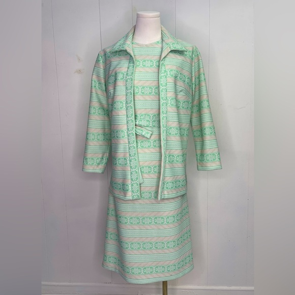 Vintage 1960’s Knit Shift Dress w/ Matching Jacket & Belt Geometric Polyester - Picture 4 of 8